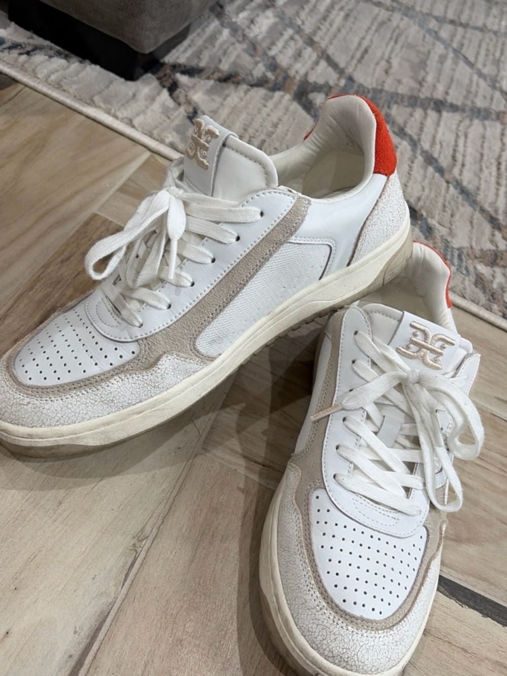 Sam Edelman White and Beige Sneakers with Orange Heel Tab